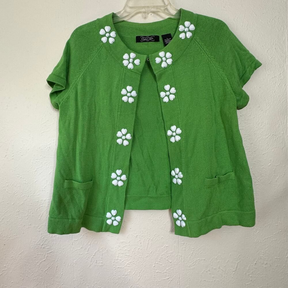Crystal-Kobe Bright Green Cap Sleeve Cardigan with Floral Button Accents Large